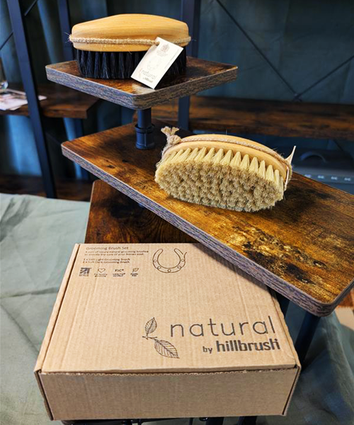 Natural bristle horse care grooming kit in a kraft box