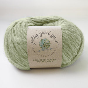 Light sage coloured yarn made of recycled plastic bottles 