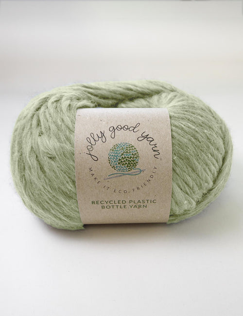 Light sage coloured yarn made of recycled plastic bottles 