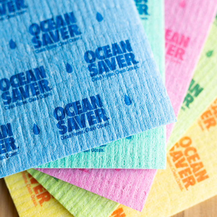 Close up of all 5 colours of home compostable sponge cloths from OceanSaver