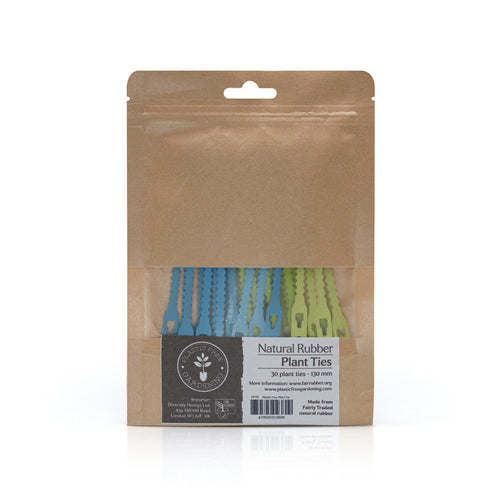 Pack of 30 natural rubber plant ties in plastic free packaging.