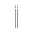 Single green and single blue rubber plant tie on a white background. 