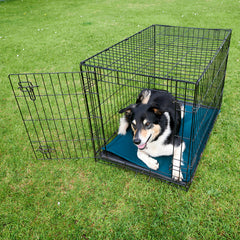 Black, metal dog crate, with a green eco-friendly handmade, wool filled crate liner inside. The crate is placed on some green grass with the door open. Inside the crate is a tricolour collie, facing at an angle. The collie is black ontop, with a tan face and little white eyebrows and socks. thumbnail