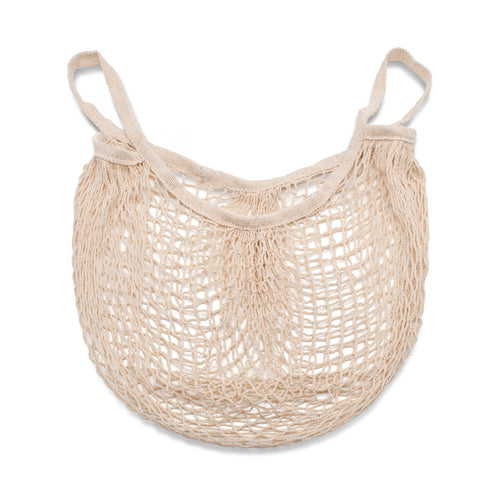 Cream coloured cotton string bag lay down on a white background. 