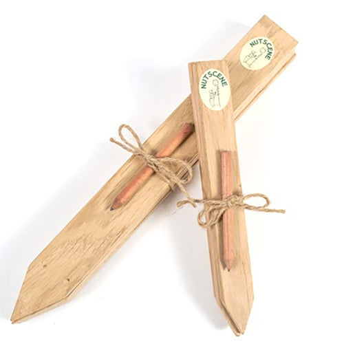 Nutscene British Oak wooden plant labels lay on a white background