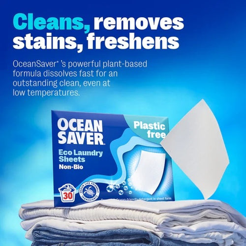 Eco Laundry Sheets 30 wash pack on a blue background. 