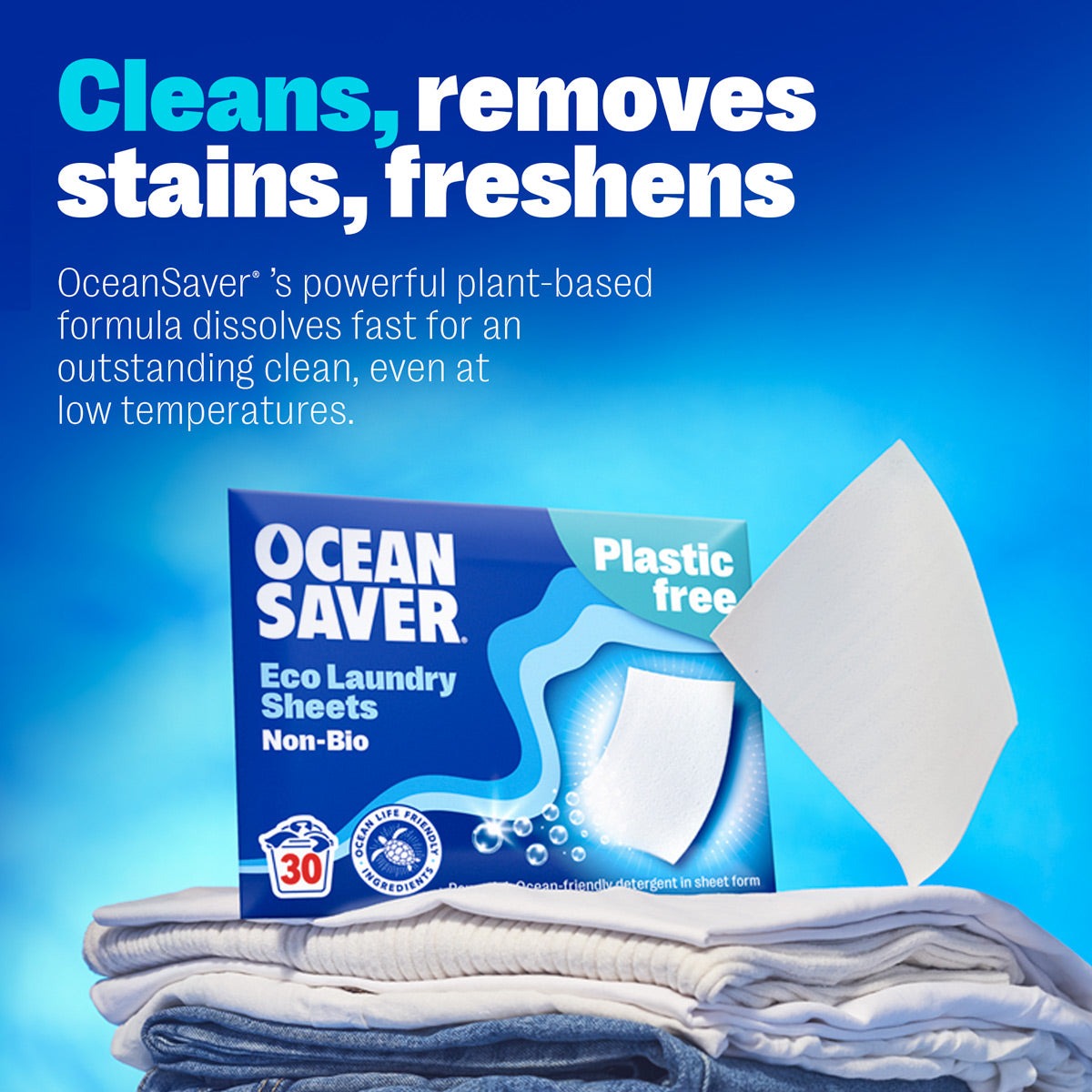 Powerful plant-based formula laundry detergent sheets.