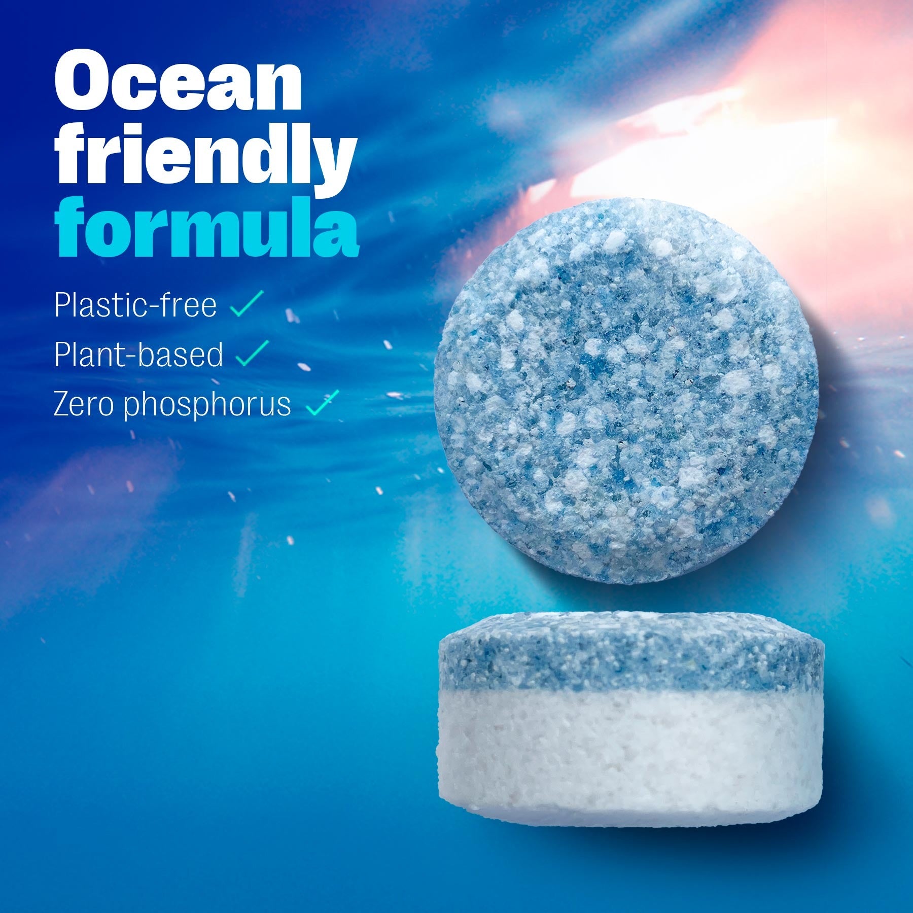 Close up of OceanSaver Dishwasher Tablets that are Ocean friendly. 