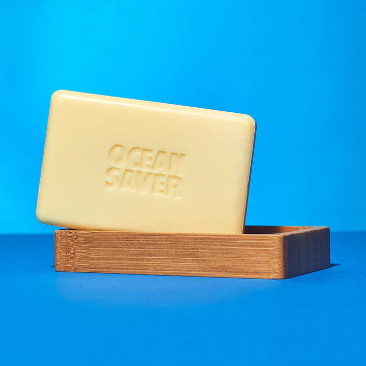 Plastic free soap in a plastic free soap dish made from bamboo