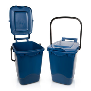 Blue compost bins made from 100% recycled plastic on a white background