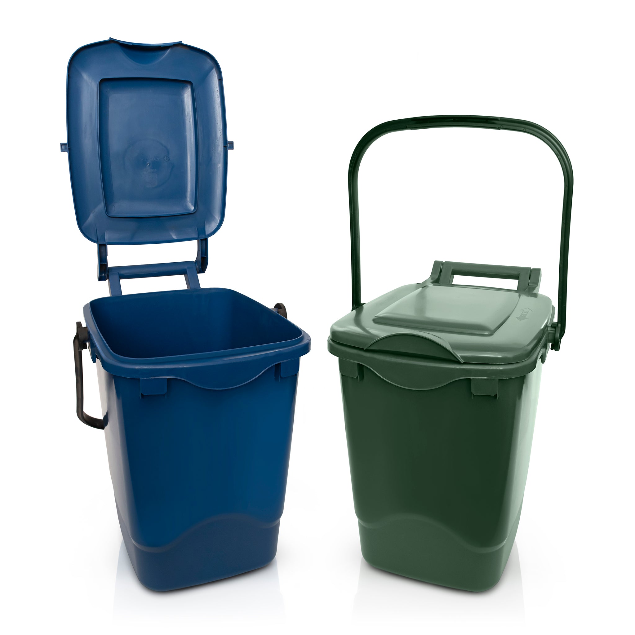 One blue, one green recycled plastic compost bins with lids