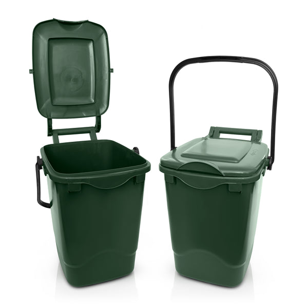 Photo of 23 litre green nappy bin open and closed on a white background 