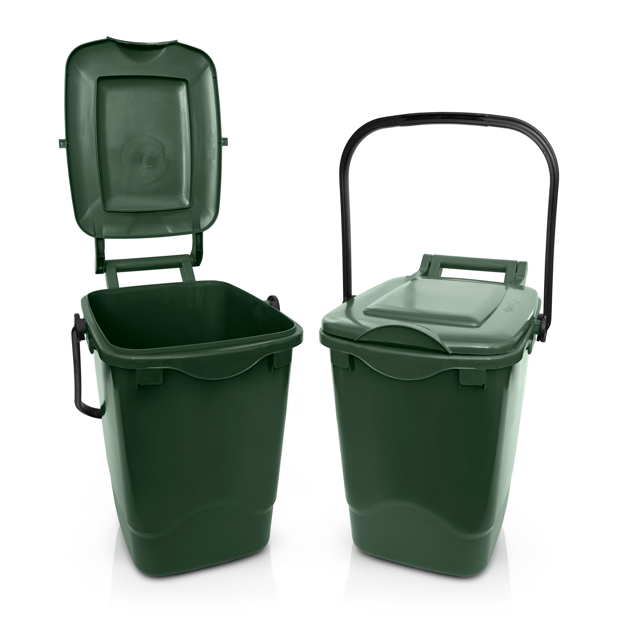 Green bins made form 100% recycled plastic on a white background