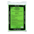 A bag of Grow Organic Wool Compost for Seeds, showing the back of the bag with a bright green and black label and white plastic edges.