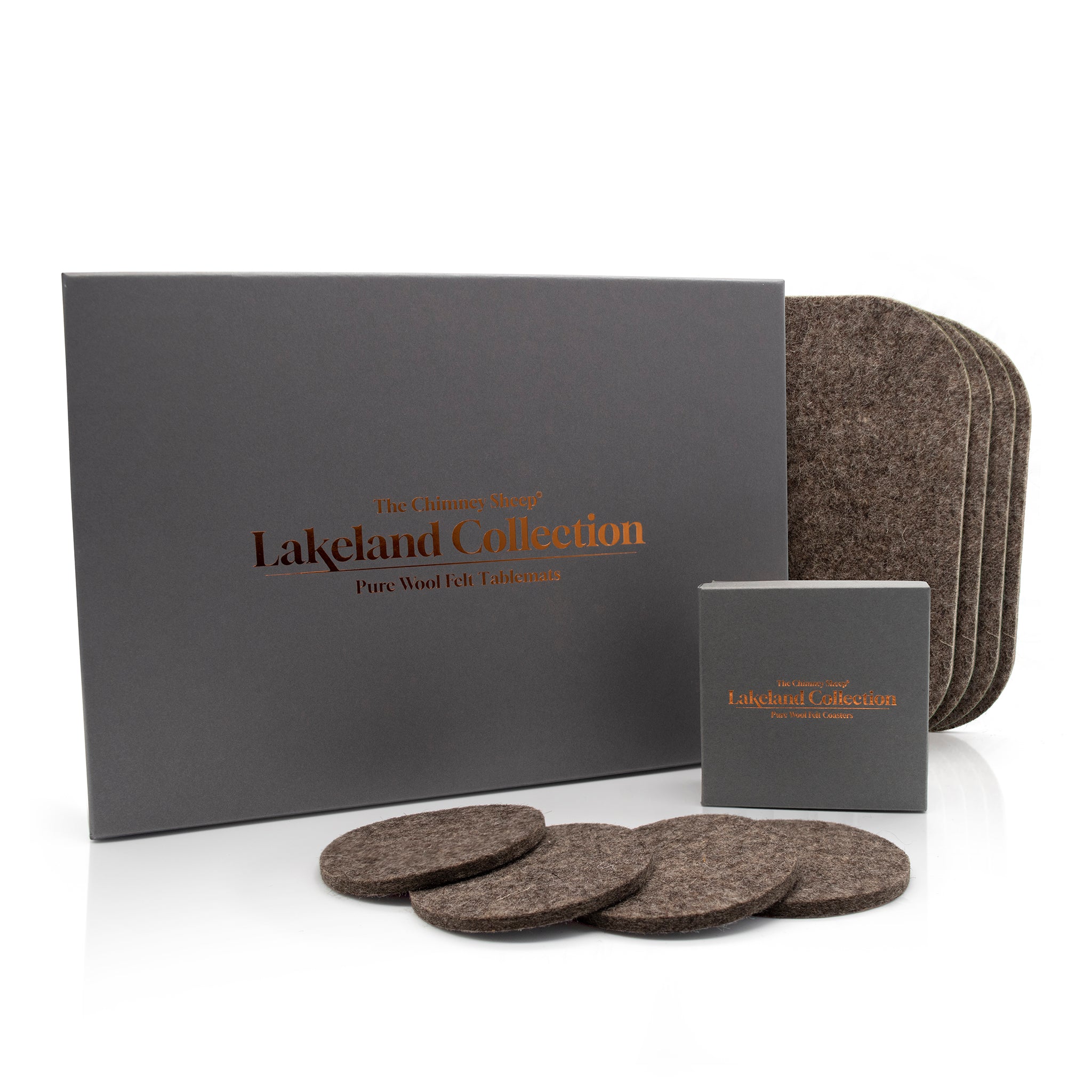 The lakeland collection, a collection of luxury felted wool tablemats, placemats and coasters made from british wool. On a white background