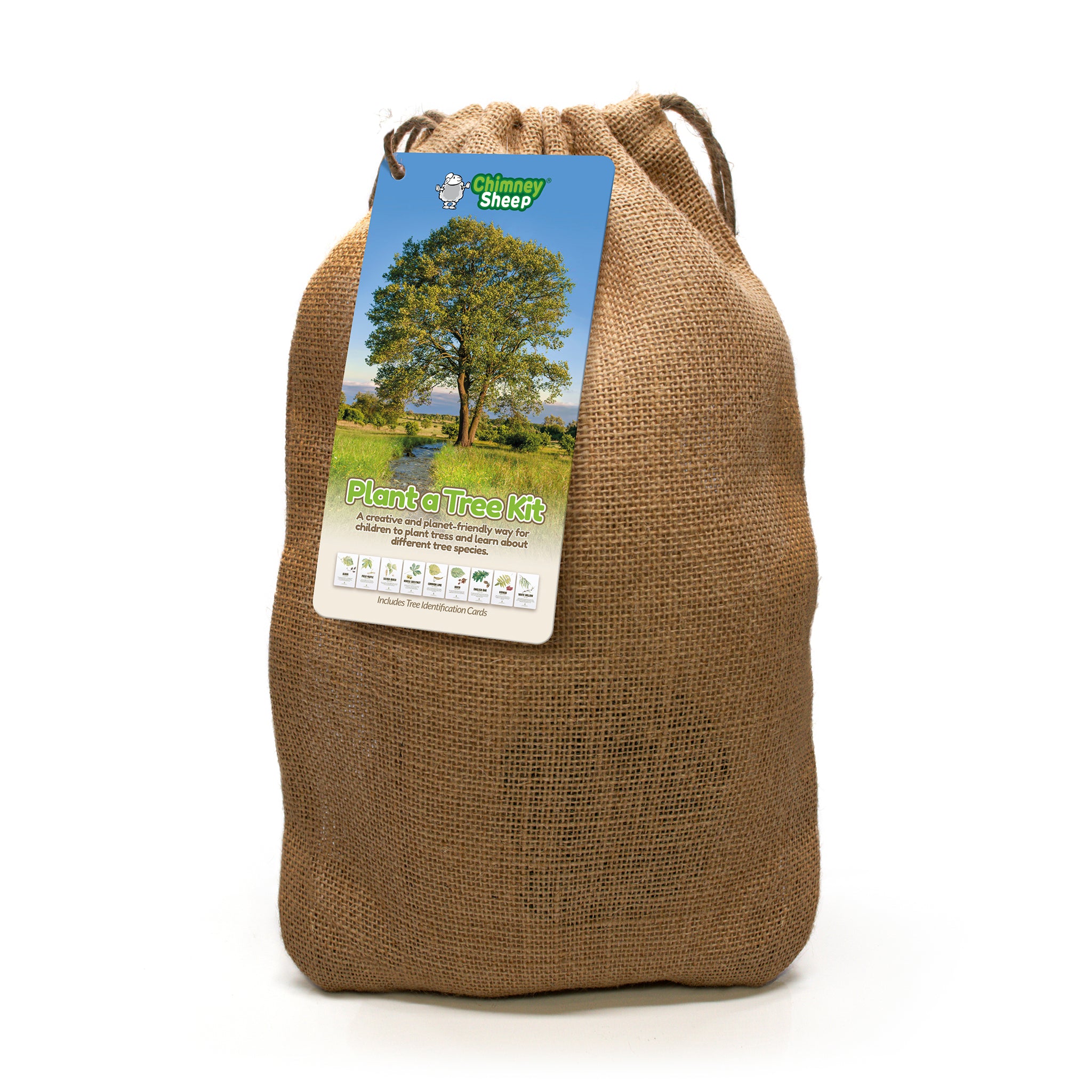 Plant a tree kit, housed inside a hessian bag, up against a white background