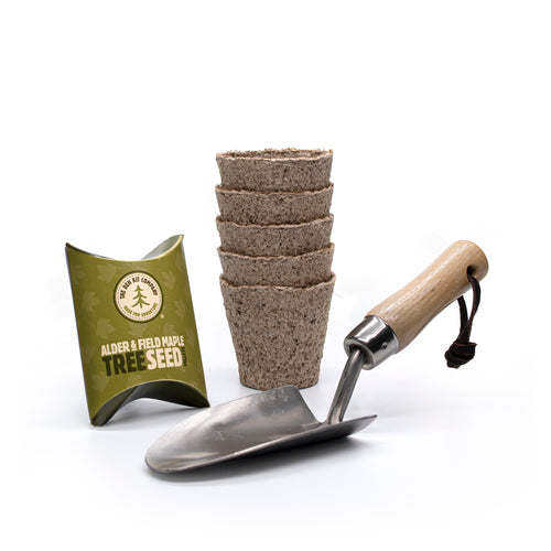 Contents of the plant a tree kit up against a white background, including tree identification cards, ash wooden handled trowel and tree seeds.