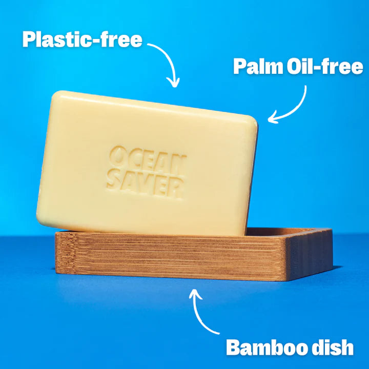palm oil free, lemon scented soap in an eco-friendly bamboo soap dish