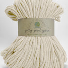 A bundle of off-white braided cord yarn wrapped with a paper label that reads 'jolly good yarn' and 'RECYCLED BRAIDED CORD' on a white background.
