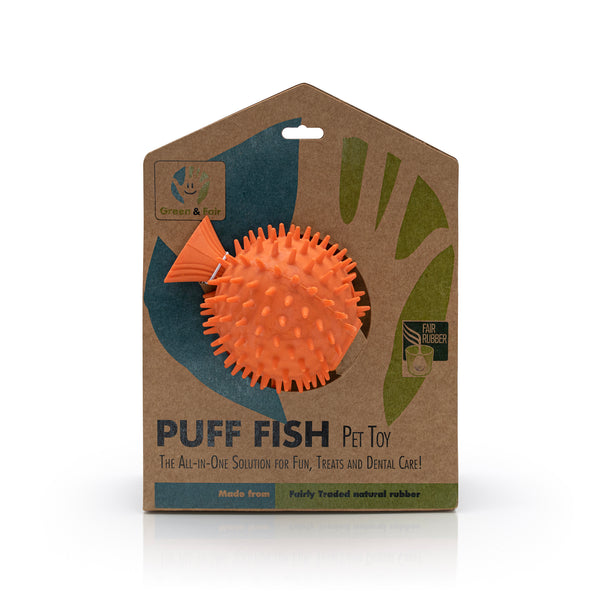 Orange puff fish pet toy in a brown cardboard packaging with visible branding on a white background