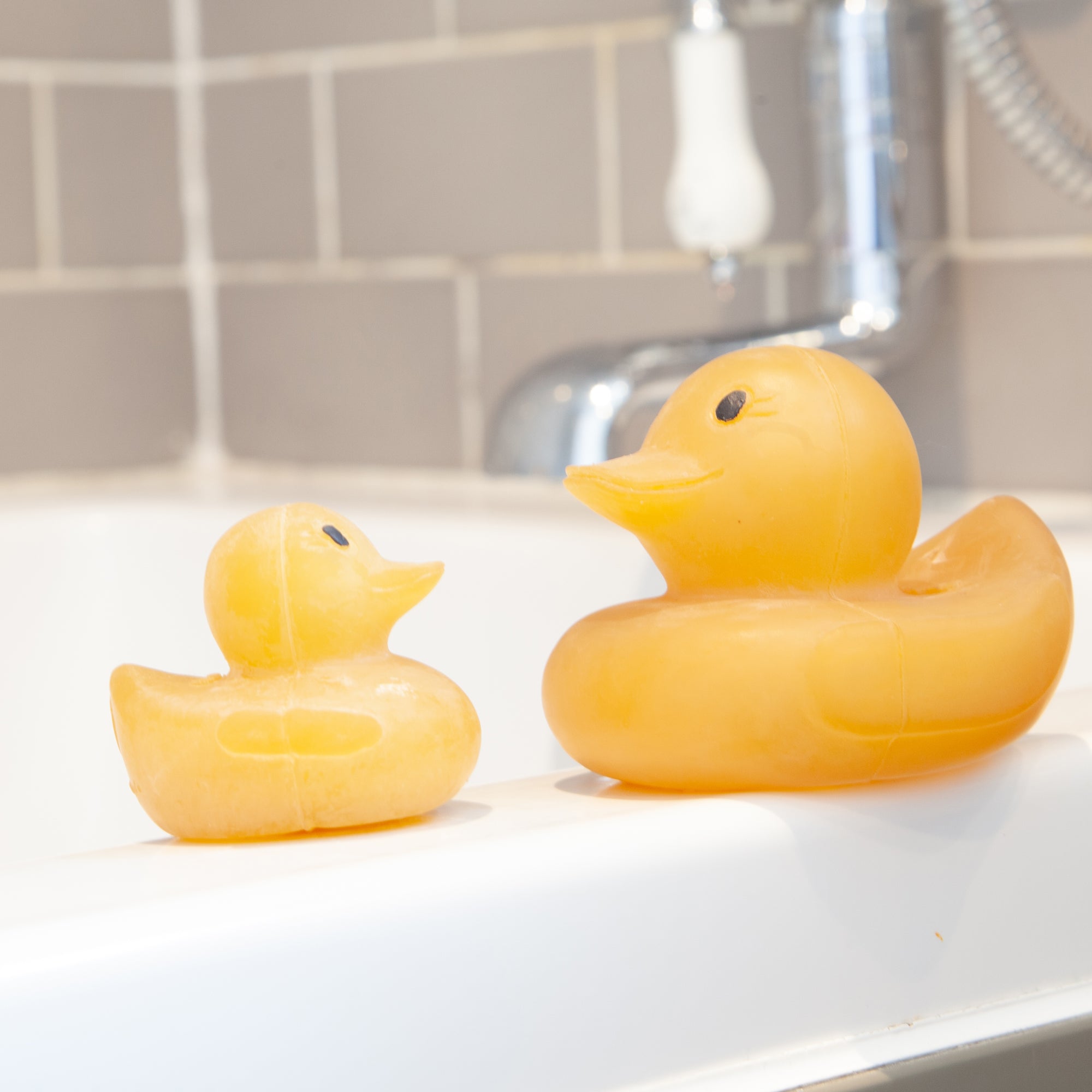 Large and small natural rubber duck sitting on side of bathtub. 