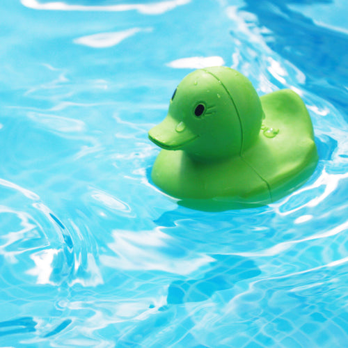 Natural latex rubber yellowish coloured duck with a pensive smile on a white background