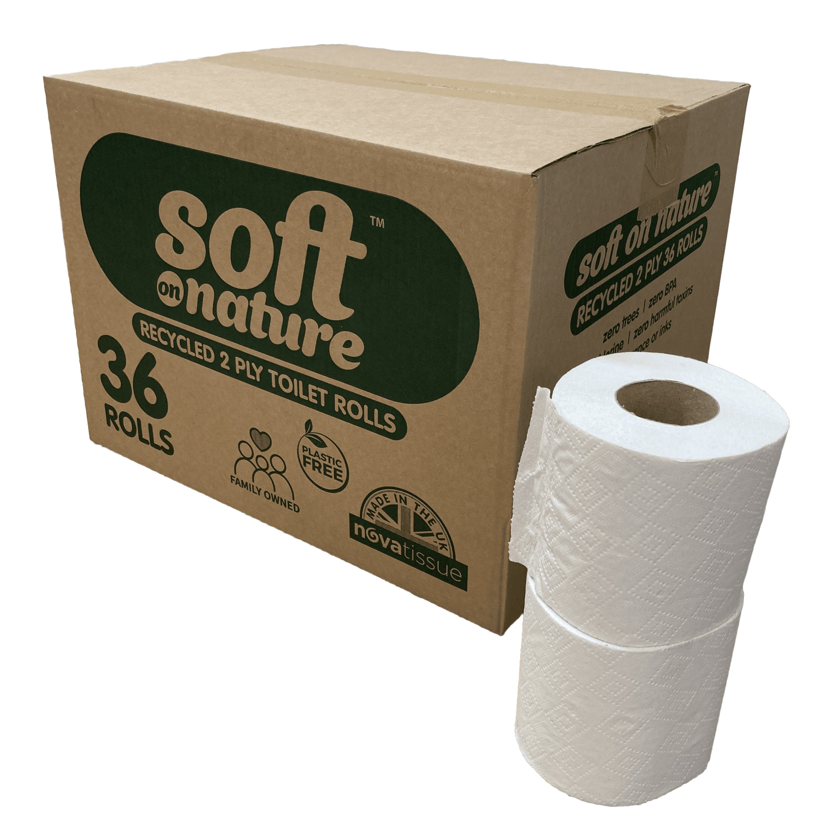 Box of 36 Recycled 2 Ply Toilet Rolls Made in the UK