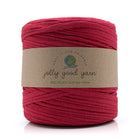 Red ball of yarn with a 'jolly good yarn' label on a white background