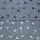 A close-up of fabric with a fine herringbone texture, featuring a floral pattern. The top half shows dark blue flowers, while the bottom half shows white flowers.
