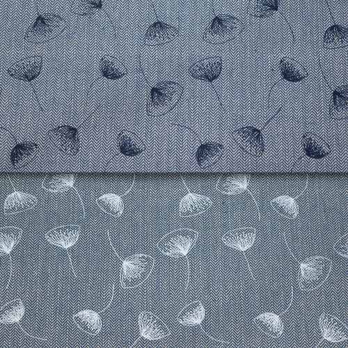 A close-up of fabric with a fine herringbone texture, featuring a floral pattern. The top half shows dark blue flowers, while the bottom half shows white flowers.