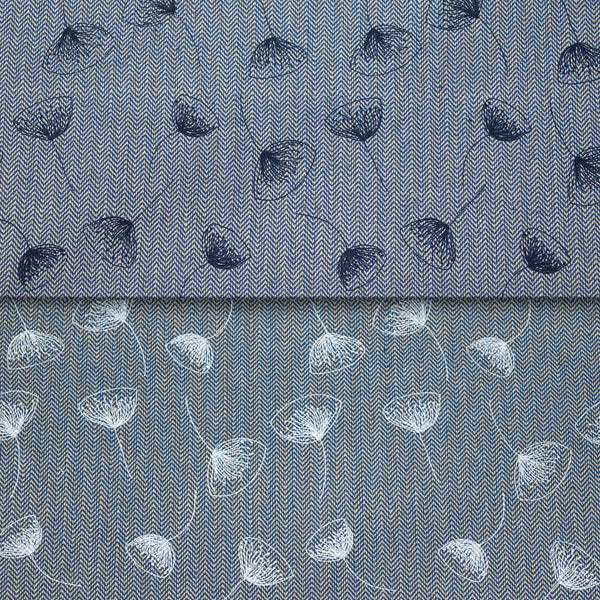 A close-up of fabric with a fine herringbone texture, featuring a floral pattern. The top half shows dark blue flowers, while the bottom half shows white flowers.