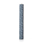 Blue with white flower fabric standing vertically on a roll, on a white background. 