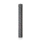 A roll of grey fabric with a black flower pattern, standing vertically on a white background.