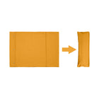 A yellow Chimney Sheep woollen travel rollup dog bed sat on a white background. This graphic illustrates how the flat rectangular woollen travel bed can be rolled up and transformed into a packaway lightweight travel dog bed.