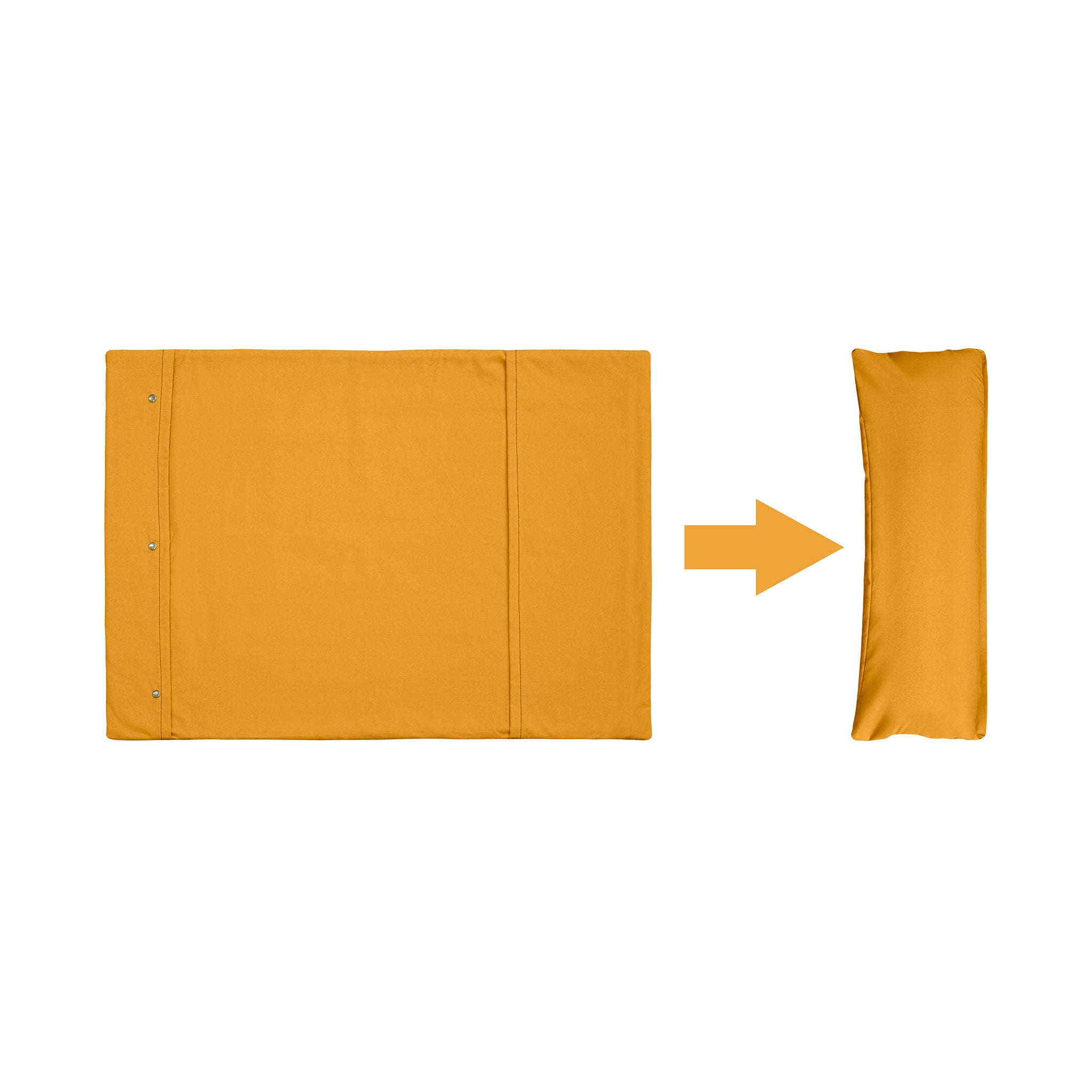 A yellow Chimney Sheep woollen travel rollup dog bed sat on a white background. This graphic illustrates how the flat rectangular woollen travel bed can be rolled up and transformed into a packaway lightweight travel dog bed.