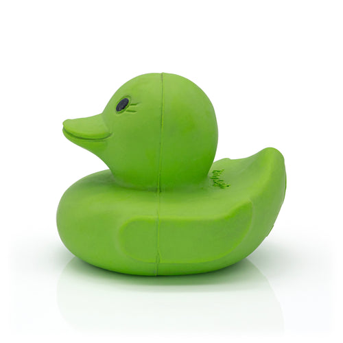 Natural latex rubber yellowish coloured duck with a pensive smile on a white background