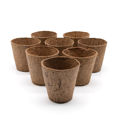 Single coir pot with natural rubber coating on a white background.