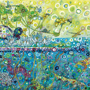 Sally Rich designed colourful and busy card with multitude of pond creatures