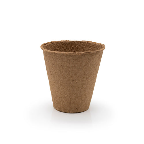 Brown biodegradable fibre seedling pot on a white background