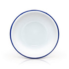 Top view of white and blue enamel pudding basin. 