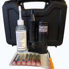 Black carrying case with smoke machine, batteries, and other components on a white background