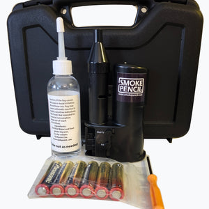 Black carrying case with smoke machine, batteries, and other components on a white background