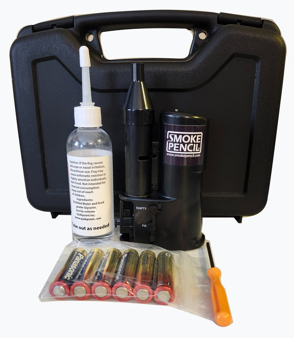 Black carrying case with smoke machine, batteries, and other components on a white background