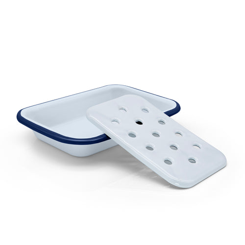 Classic Enamel Soap Dish white with a blue rim. 