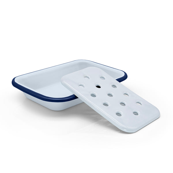 Classic Enamel Soap Dish white with a blue rim. 