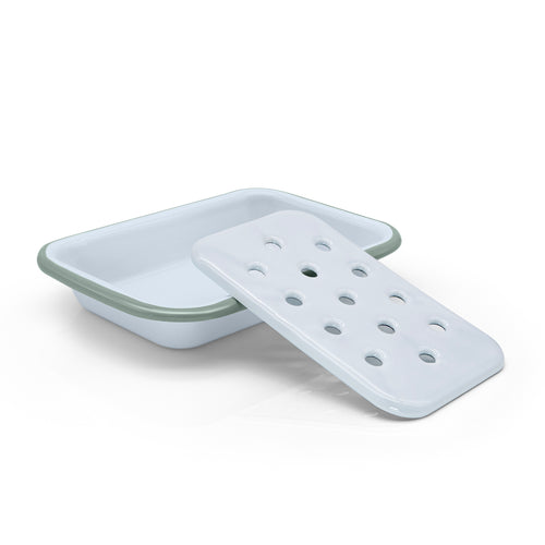 Classic Enamel Soap Dish white with a blue rim. 