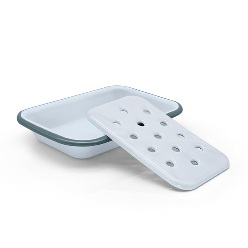 Classic Enamel Soap Dish white with a blue rim. 