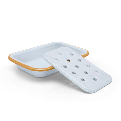 Classic Enamel Soap Dish white with a blue rim. 