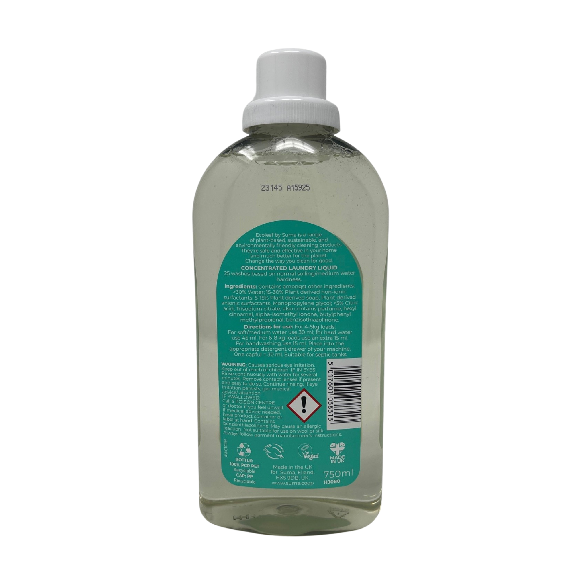 Back of sustainable, plant-based, safe & effective laundry liquid bottle.