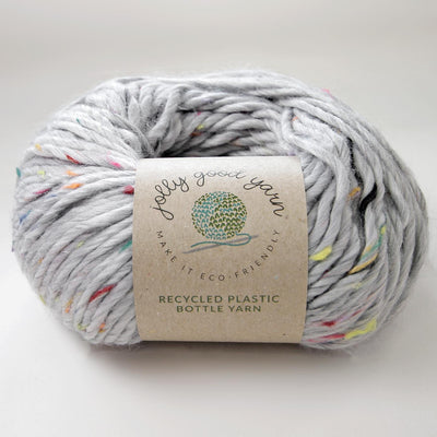 Light sage coloured yarn made of recycled plastic bottles 